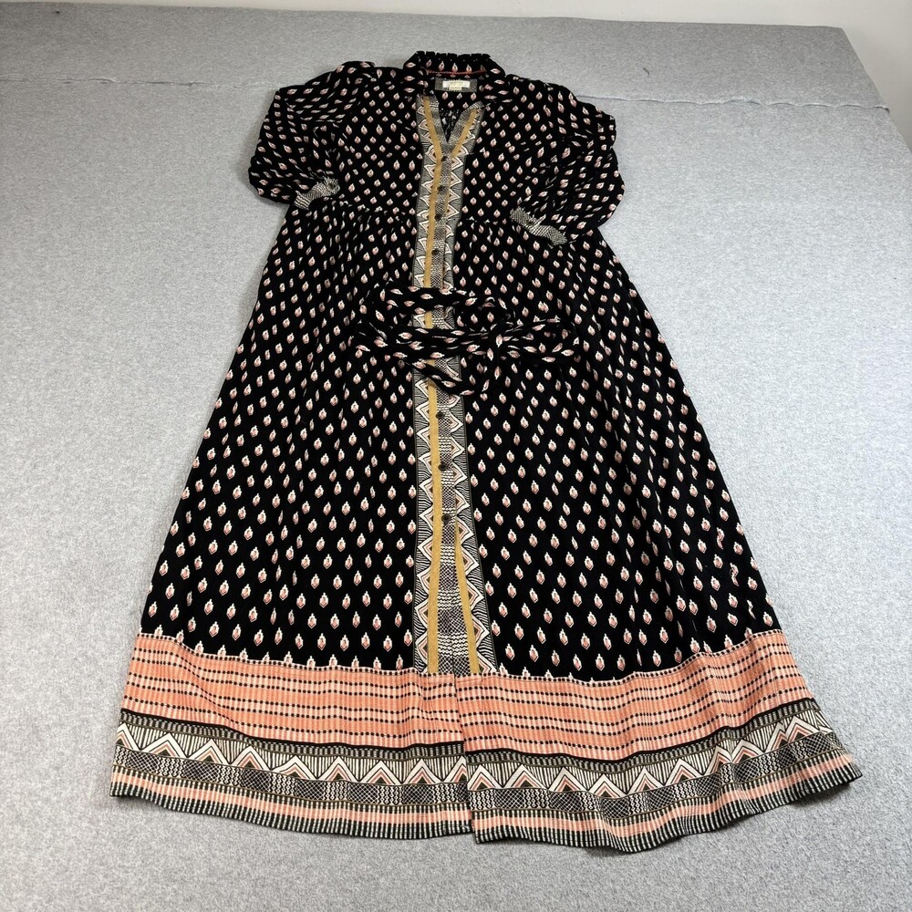 Maeve Dress Women 8 Black Geometric Maxi Belted Boho Pockets Artsy Tribal Long